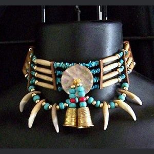 Turquoise & Abalone Choker with Coyote Teeth